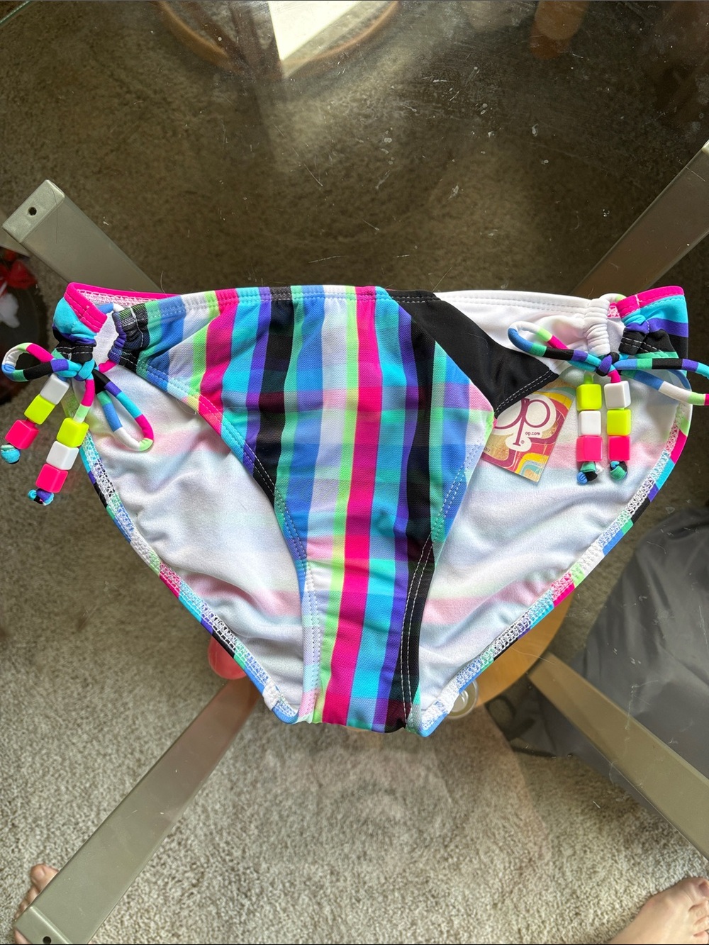 🌟OP: Striped Tie-Side Bikini Bottoms in Blue, Teal, Pink & Black- Size M
